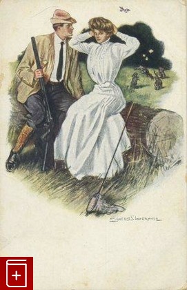 Охотник и девушка с сачком, , , , книга, купить,  аннотация, читать: фото №1, старинная открытка, антикварная открытка, дореволюционная открытка